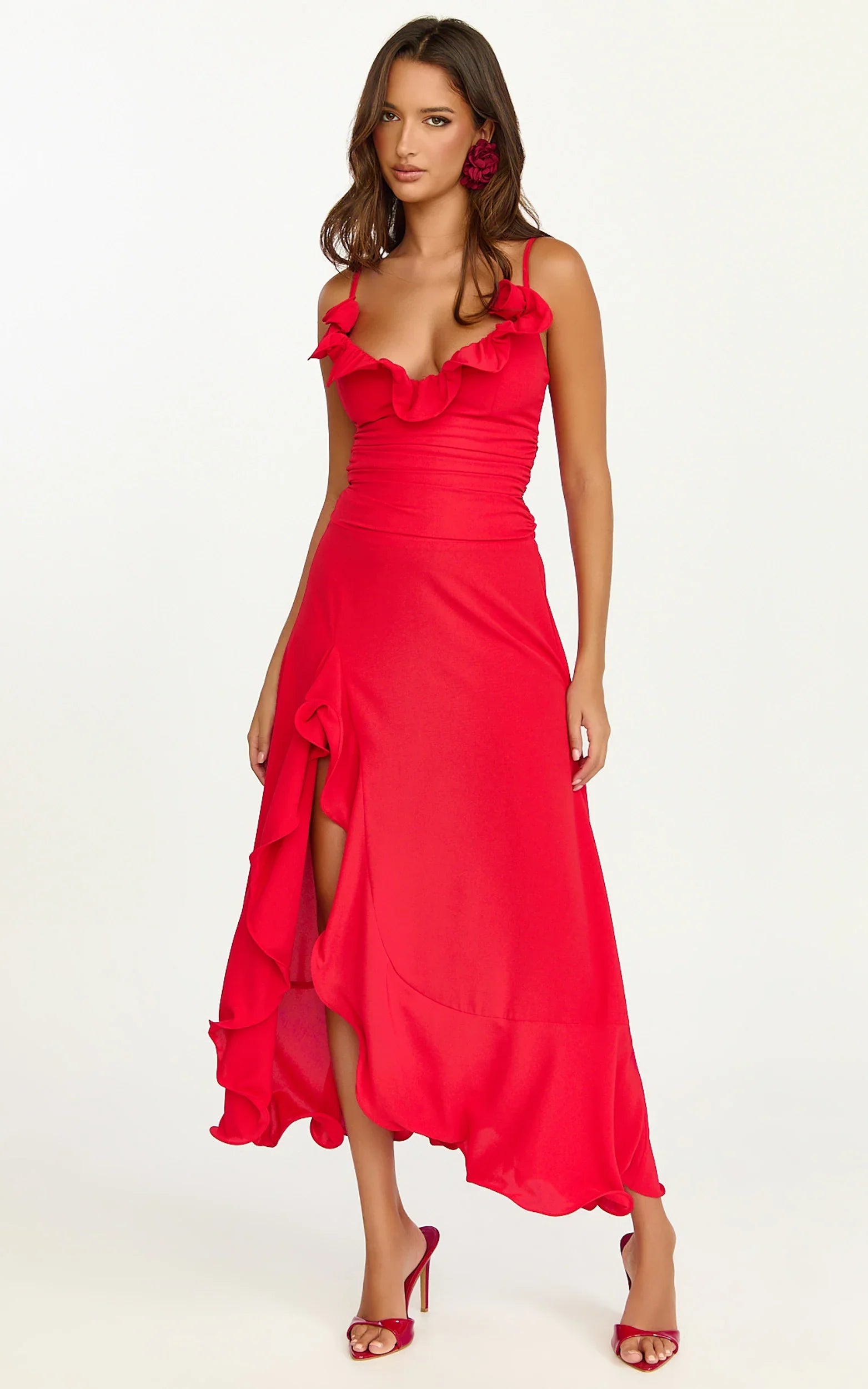 Vivienne Midi Dress - Rosette Neck Gathered Frill Split Leg Dress in Red