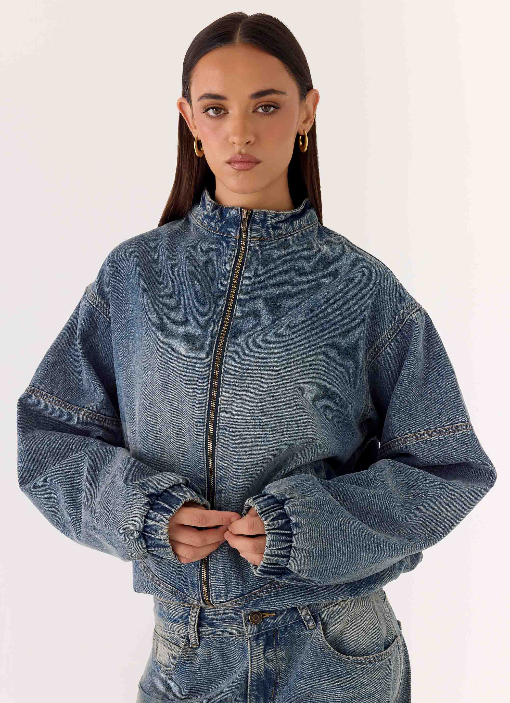 Waylon Denim Bomber Jacket - Mid Wash Blue