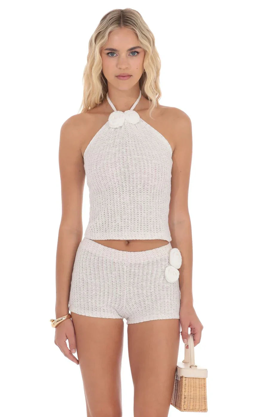 Crochet Rosette Halter Top in White