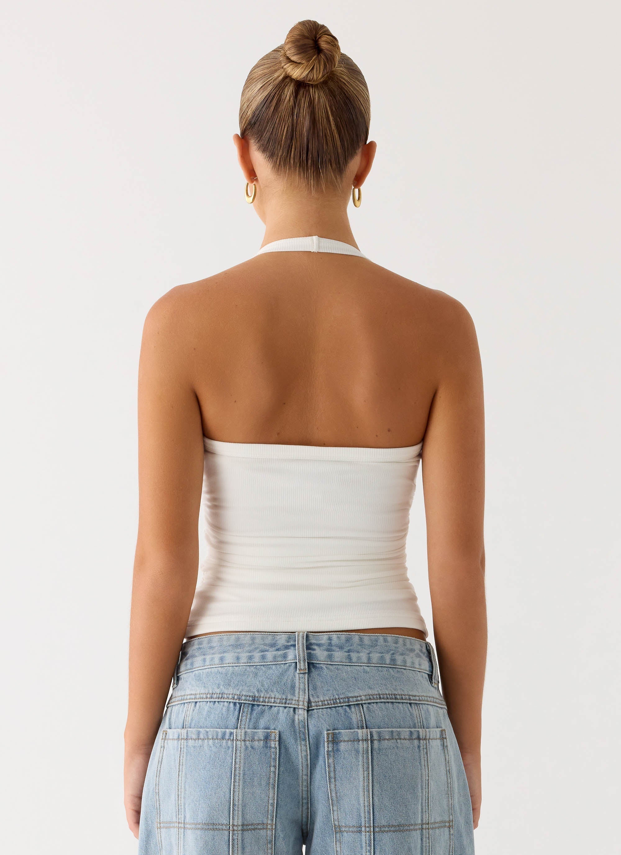 Naturi Ribbed Halter Top - White