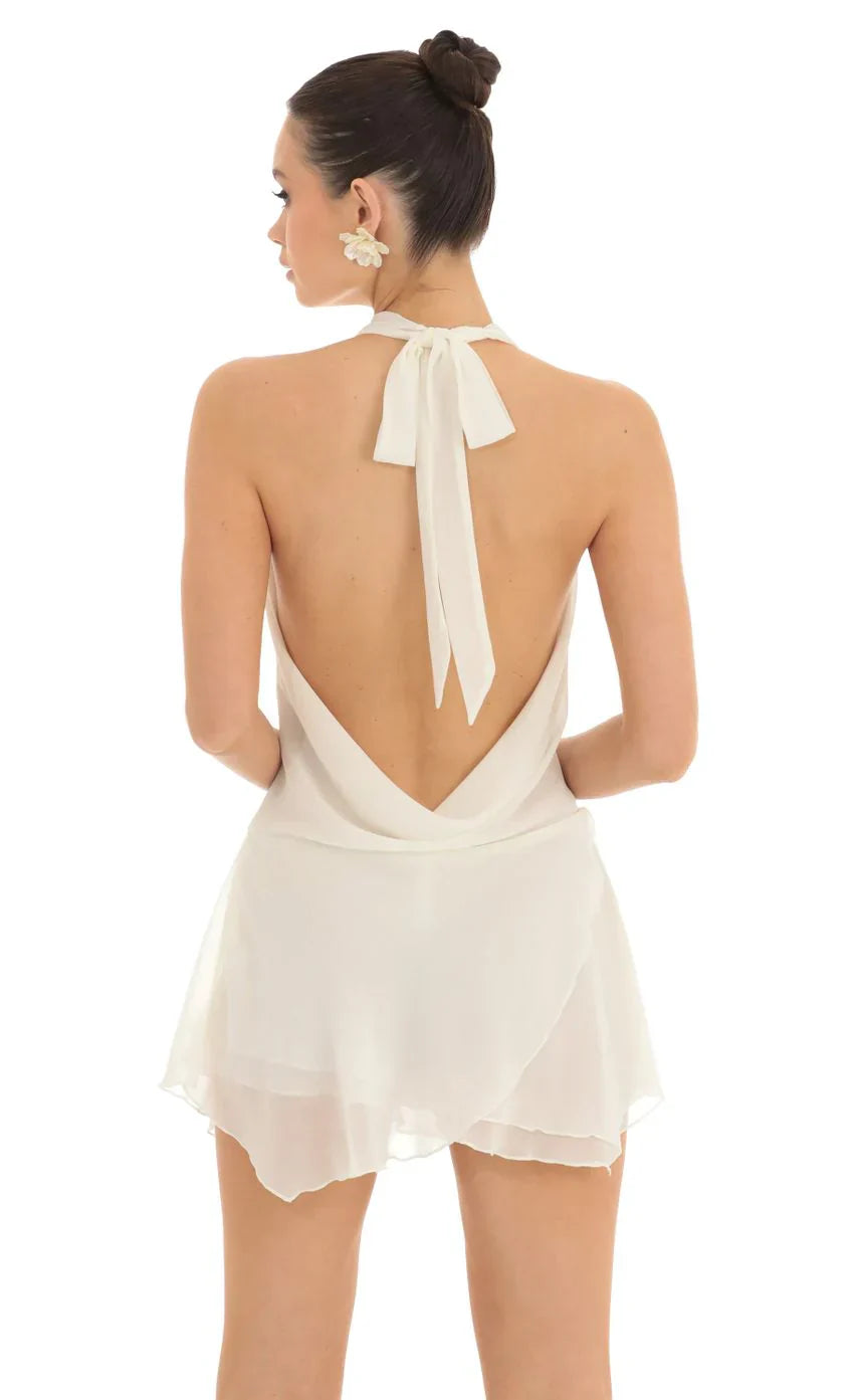 Draped Plunge Neck Dress in White