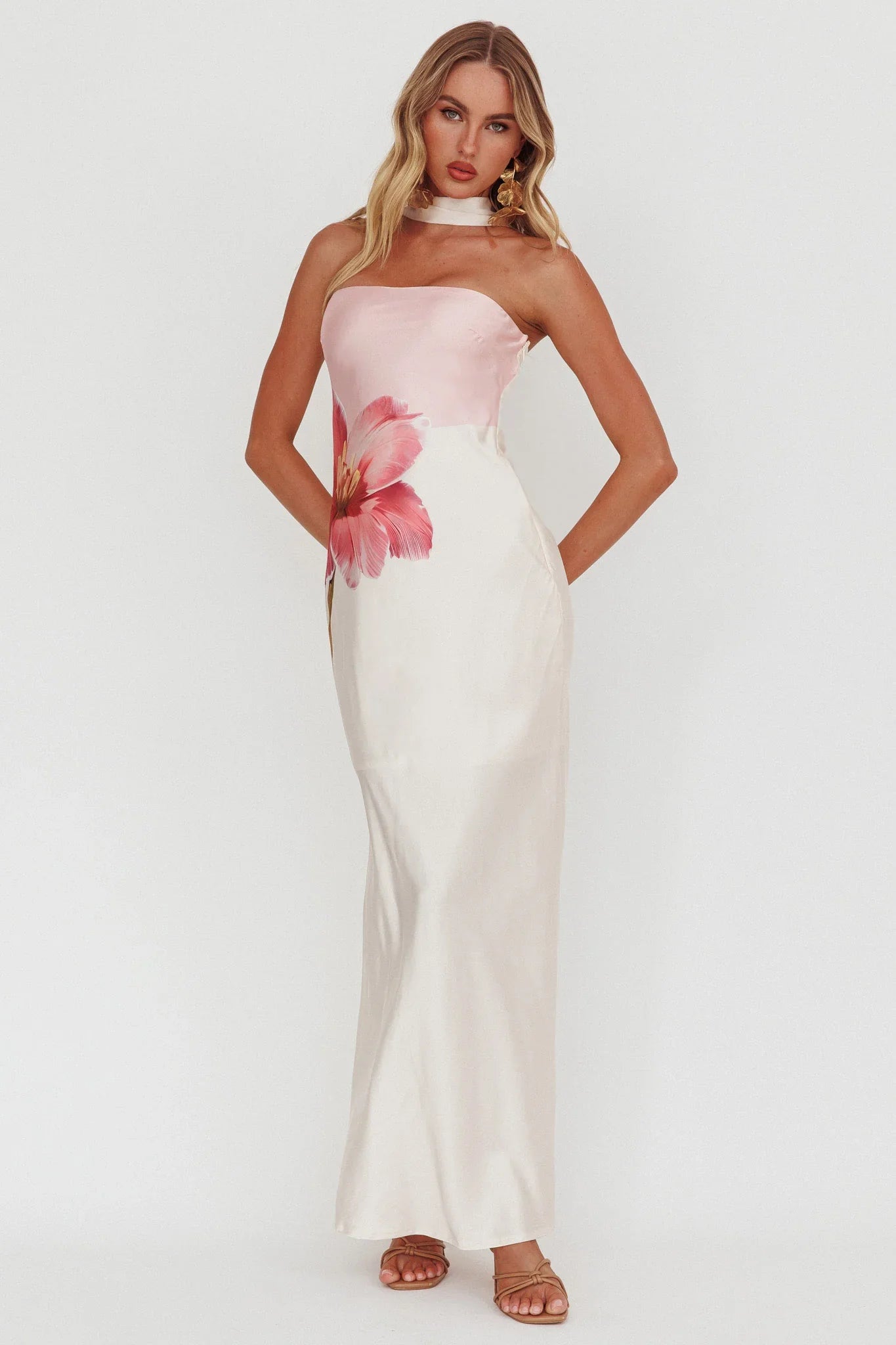 Damsel Reverse Halter Maxi Dress Flower Pink